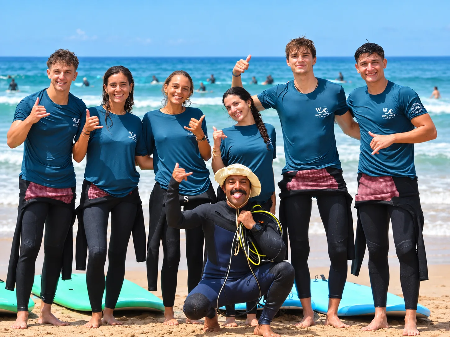 Wake Wave surf students and their coach together on Anza Beach.