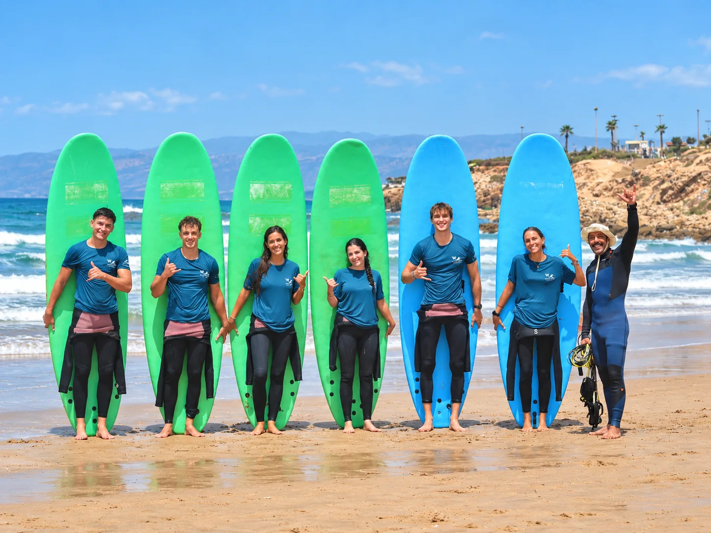 Wake Wave group with green and blue boards on Anza Beach.