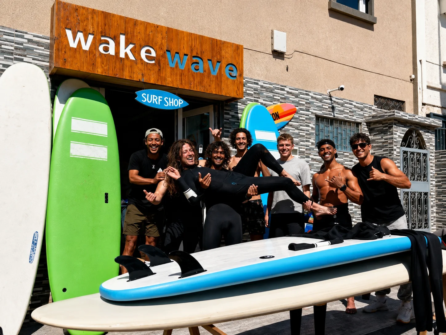 Wake Wave team and customers outside the surf shop with boards.