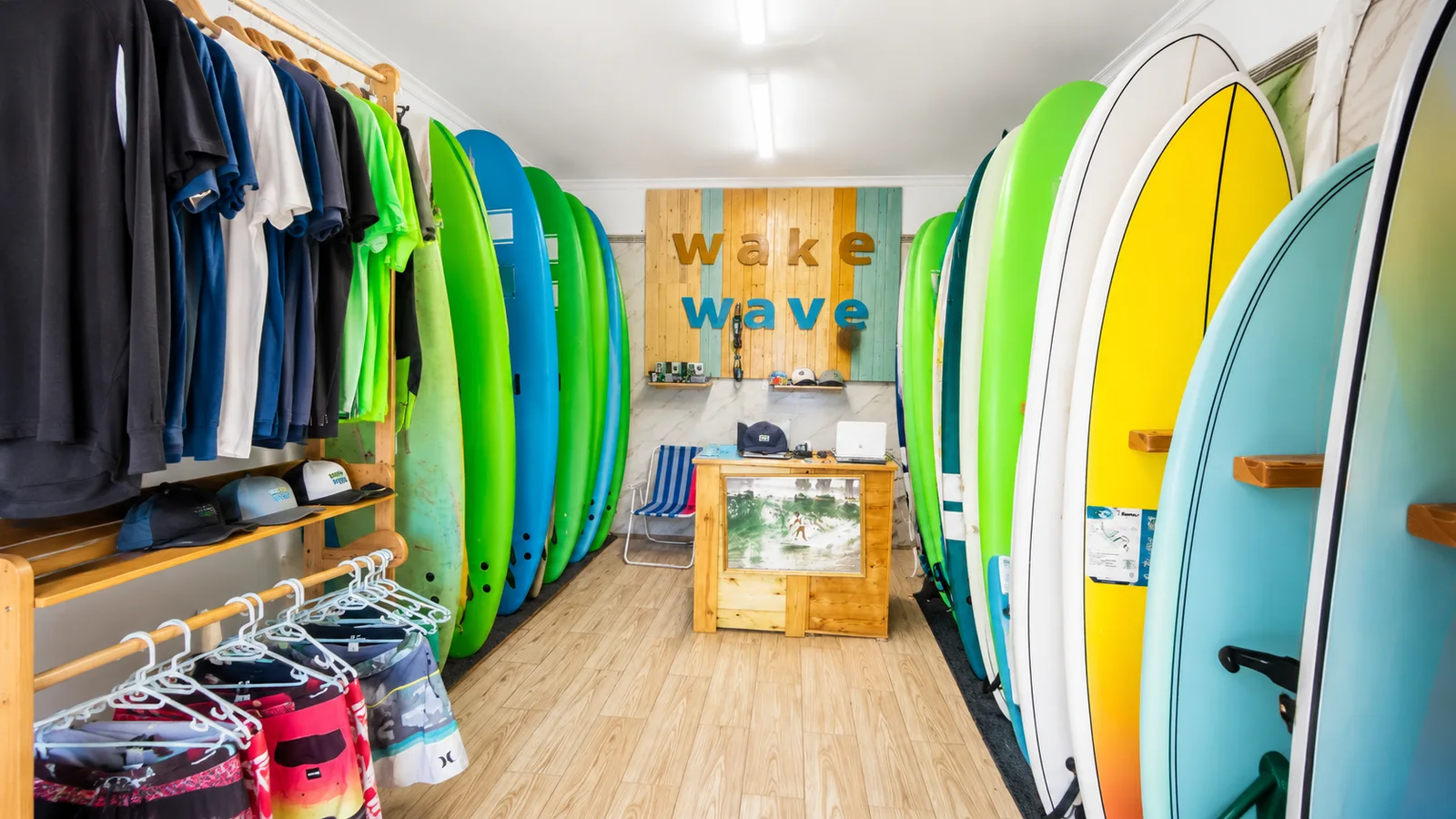 Wake Wave surfboards lined inside the Anza surf shop.