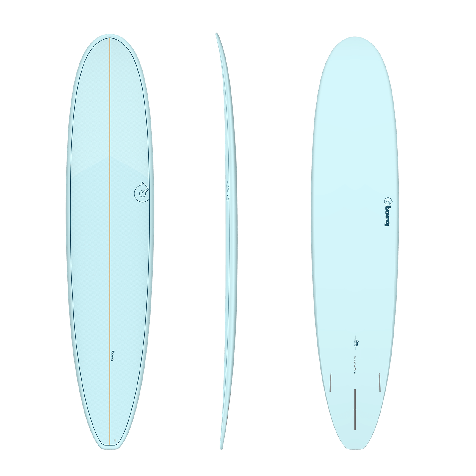 Torq surfboard manufacturer reference, deck, rail and underside.
