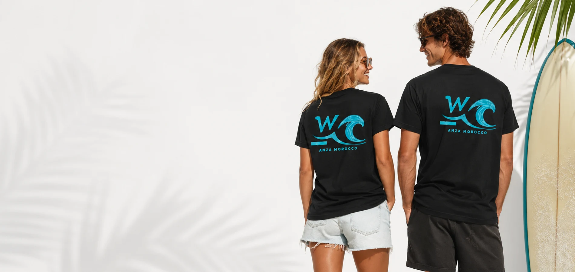 Wake Wave T-shirt campaign with models wearing black Wake Wave tees.